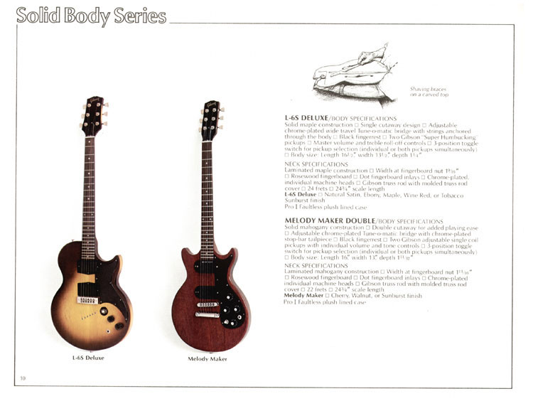 1978 Gibson Quality / Prestige / Innovation catalog, page 10: Gibson L-6S Deluxe and Melody Maker