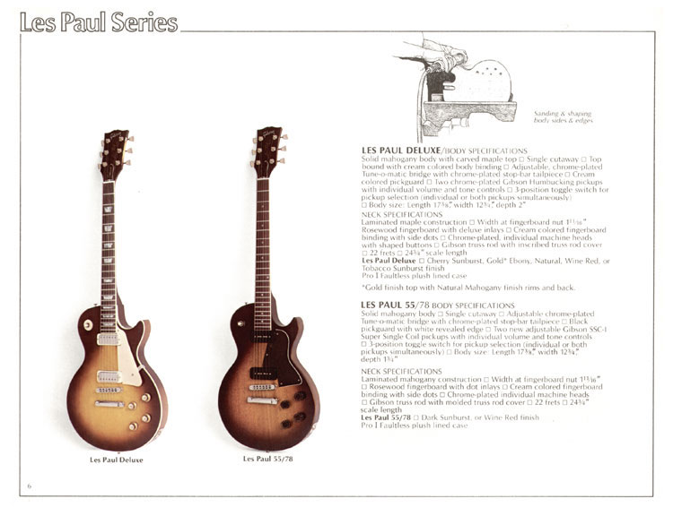 1978 Gibson Quality / Prestige / Innovation catalog, page 6: Les Paul Deluxe and Les Paul 55/78