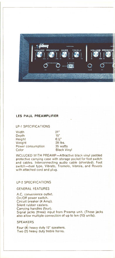 1970 Gibson Les Paul catalog page 10 - Gibson Les Paul LP1 amplifier and LP2 cabinet