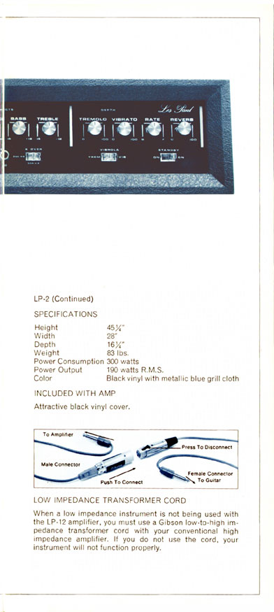 1970 Gibson Les Paul catalog page 11 - Les Paul LP1 amplifier and LP2 cabinet