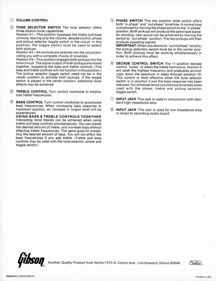 1978 Gibson Les Paul Recording description of controls - text