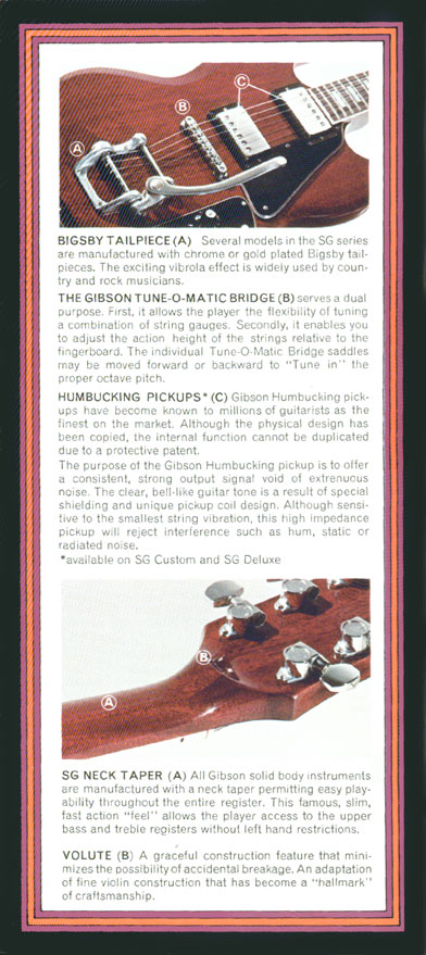 1972 Gibson solid bodies catalog, page 10: Bigsby / tune-a-matic bridge / humbuckers / volute