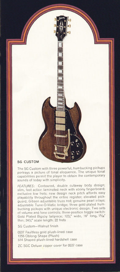 1972 Gibson solid bodies catalog, page 3: the SG Custom