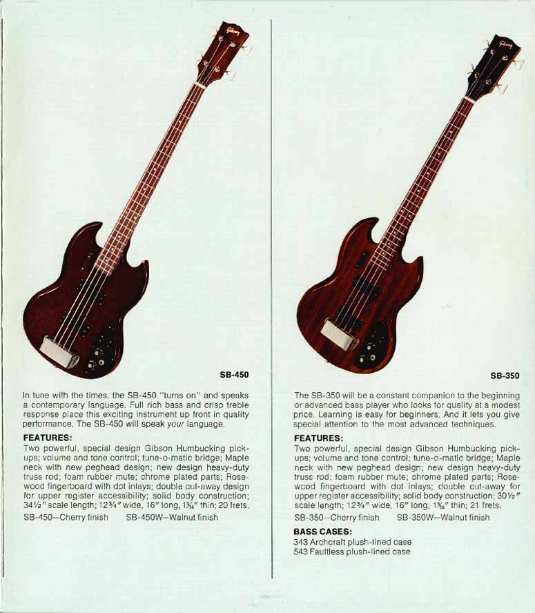 1972 Gibson bass guitar catalog, page 5: Gibson SB-350 and SB-450 bass guitars