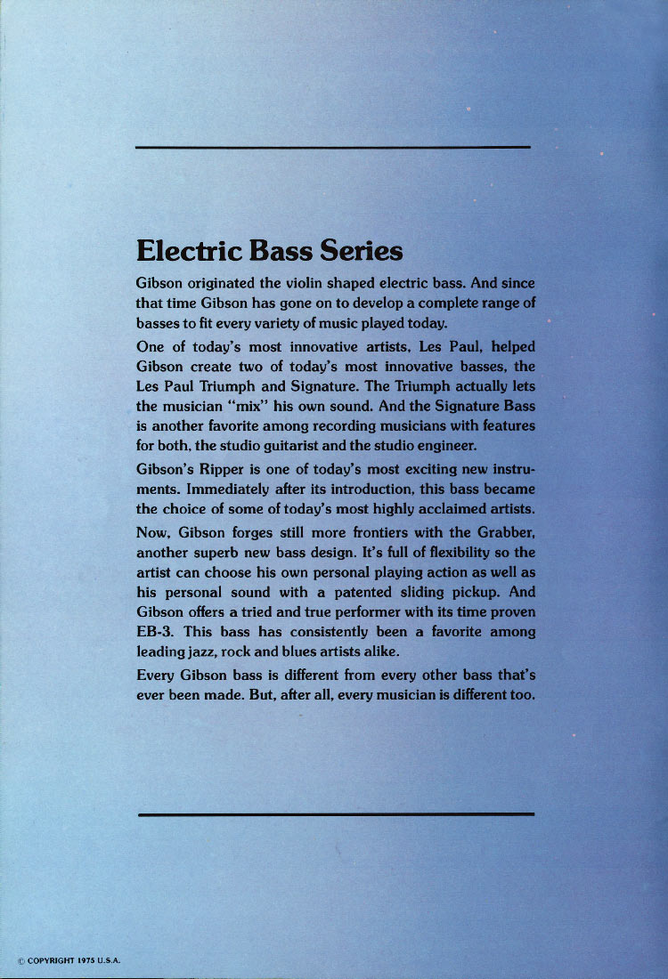 1975 Gibson bass guitar catalog, page 2: description of the new electric bass line