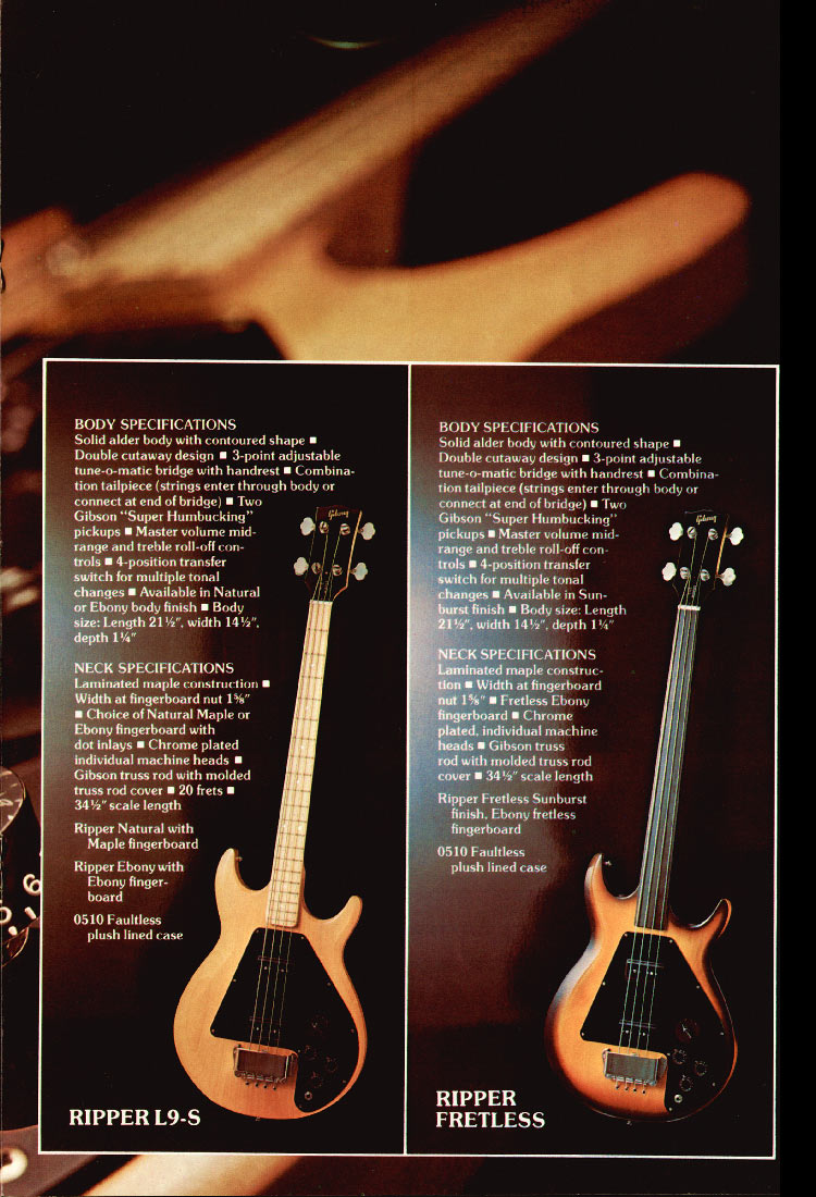 1975 Gibson bass guitar catalog, page 5: Gibson Ripper and Ripper Fretless bass guitars