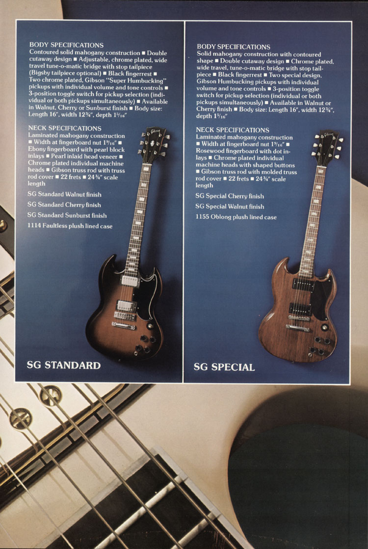 1975 Gibson solid body catalog, page 9: Gibson SG Standard and SG Special
