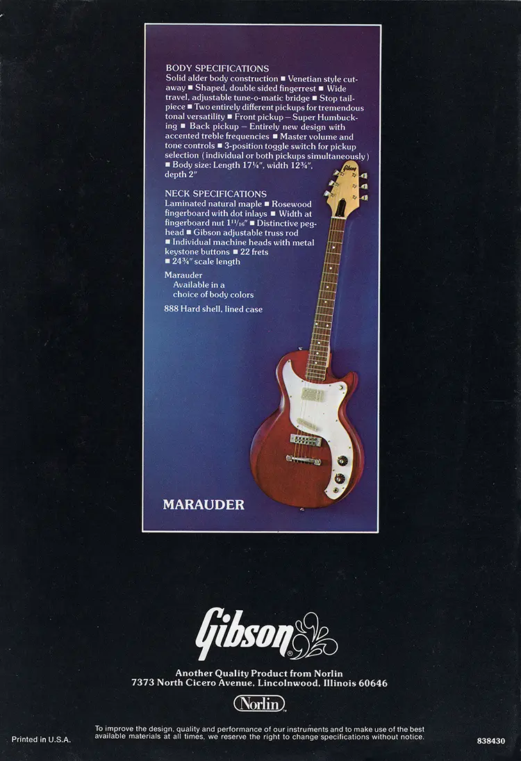 1976 Gibson solid body catalog, page 12: Gibson Marauder