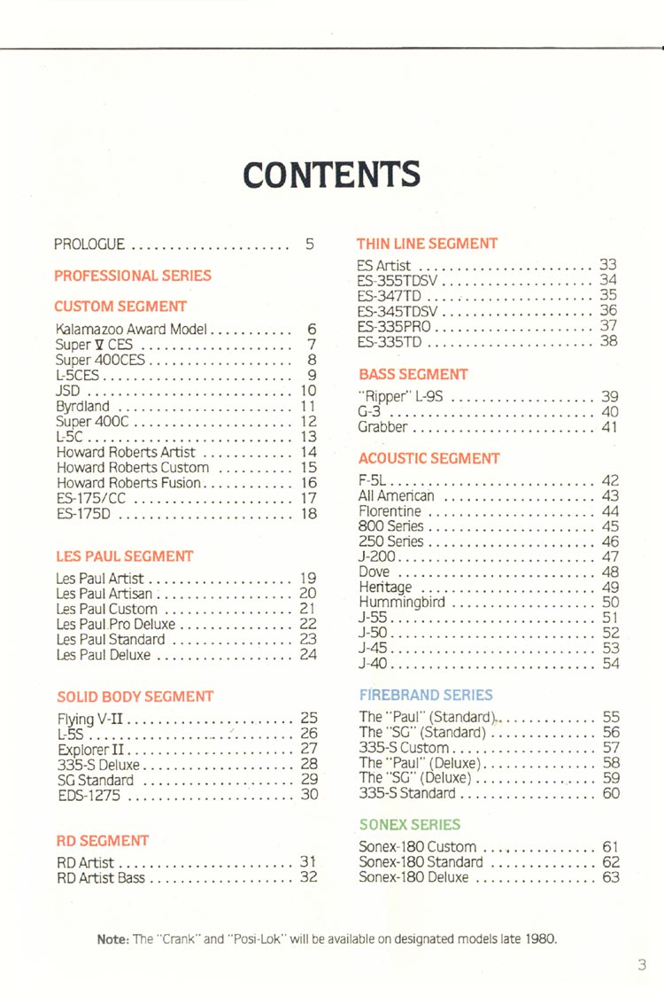 1980 Gibson Guitars catalog, page 3: index