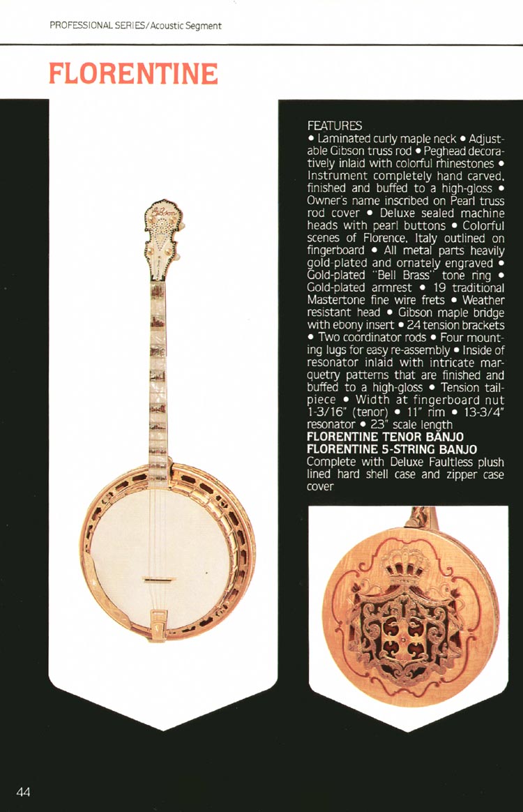 1980 Gibson Guitars catalog, page 44: Gibson Florentine banjo