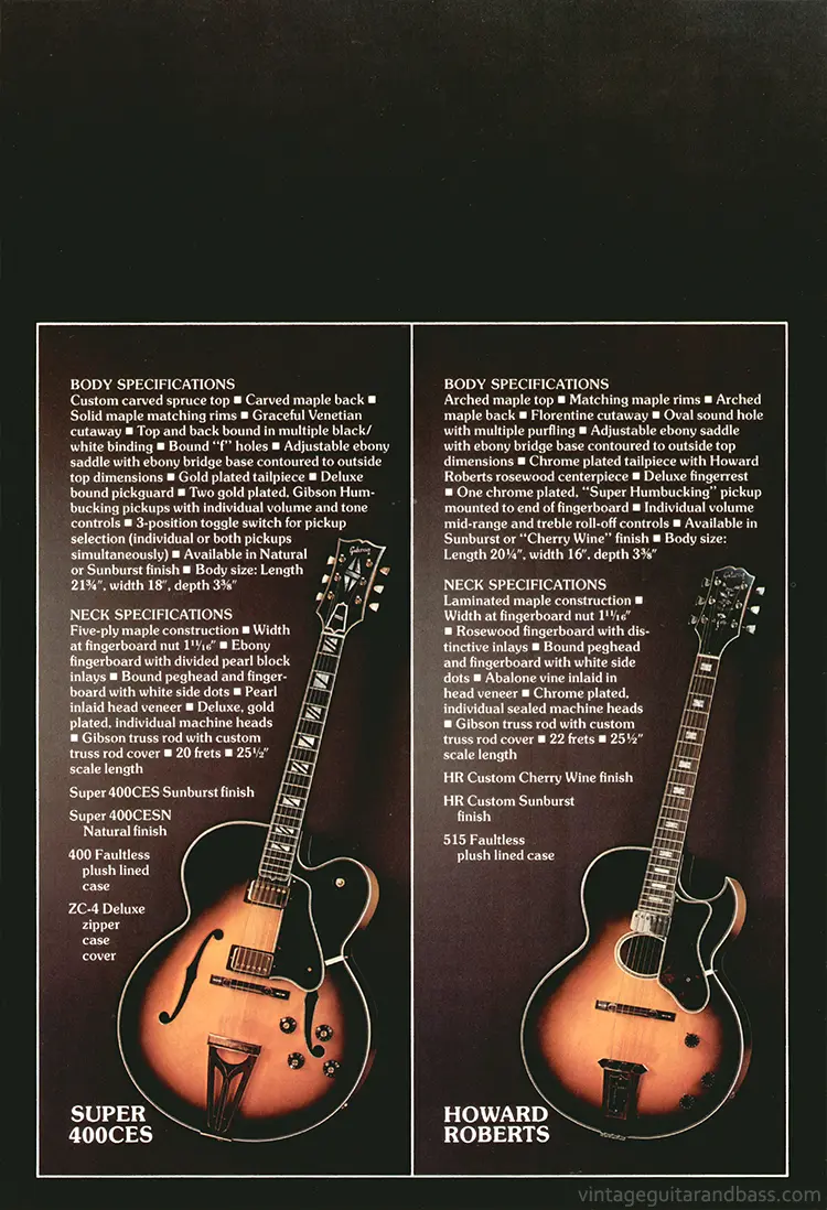 1975 Gibson custom order & electric acoustic catalog, page 10: Gibson Super 400CES and Howard Roberts