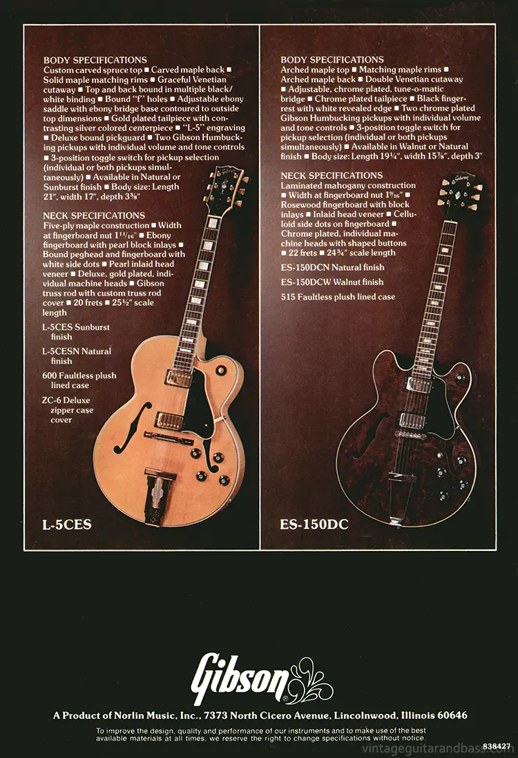 1975 Gibson custom order & electric acoustic catalog, page 12: Gibson L-5CES and ES-150DC