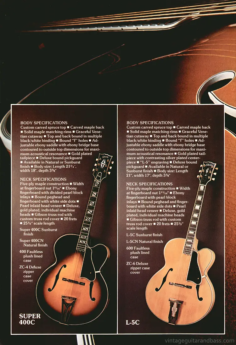 1975 Gibson custom order & electric acoustic catalog, page 6: L-5C and Super 400C