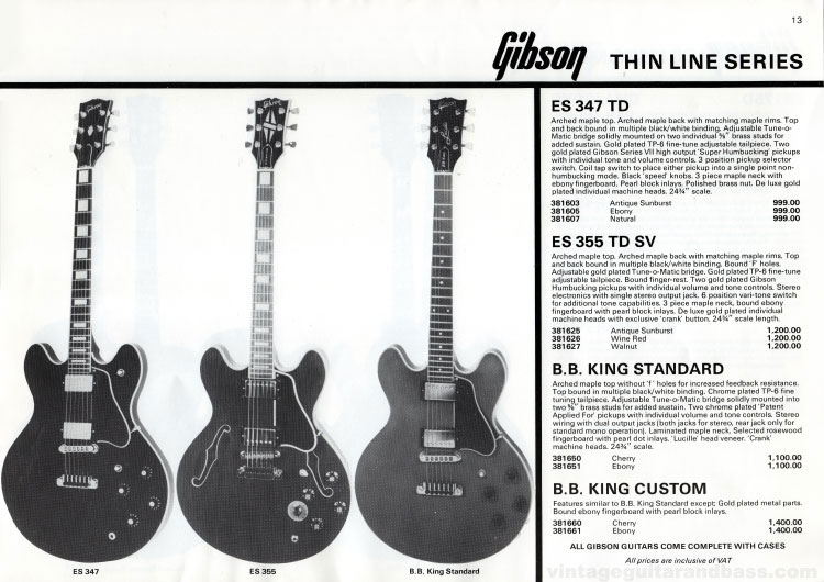 1981 Gibson guitar catalog (Rosetti, UK) Page 13 - Gibson ES-347 TD, ES-355 TD SV, BB King Standard and Custom