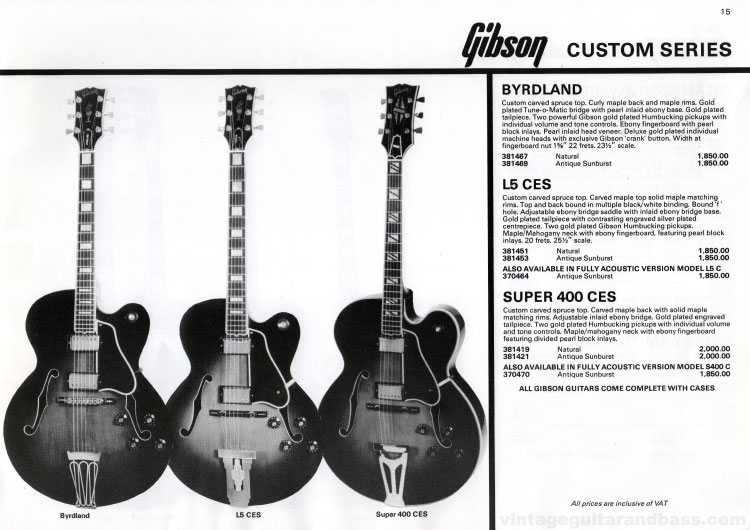 1981 Gibson guitar catalog (Rosetti, UK) Page 15 - Gibson Byrdland, L5 CES and Super 400 CES