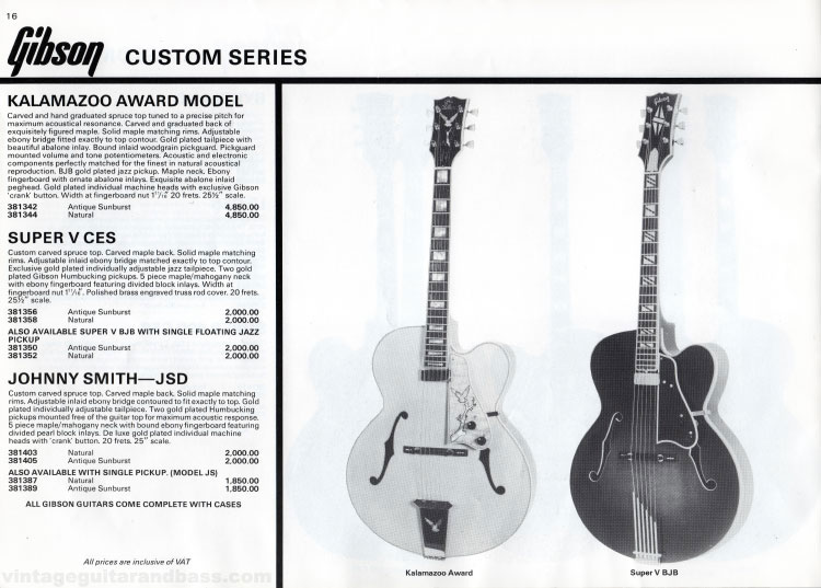 1981 Gibson (Rosetti, UK) catalog page 16 - Gibson Kalamazoo Award, Super V CES and Johnny Smith