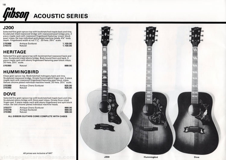 1981 Gibson guitar catalog (Rosetti, UK) Page 18 - Gibson J200, Heritage, Hummingbird and Dove acoustic guitars