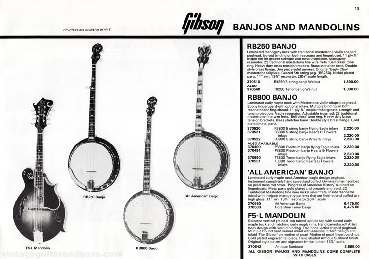 1981 Gibson guitar catalog (Rosetti, UK) Page 19 - Gibson RB250, RB800 and "All American"" banjos, F5-L mandolin