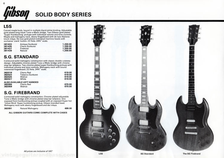1981 Gibson (Rosetti, UK) catalog page 6 - Gibson L5S, SG Standard and SG Firebrand