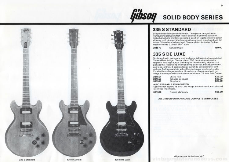 1981 Gibson (Rosetti, UK) catalog page 9 - Gibson 335S Standard, Custom and Deluxe