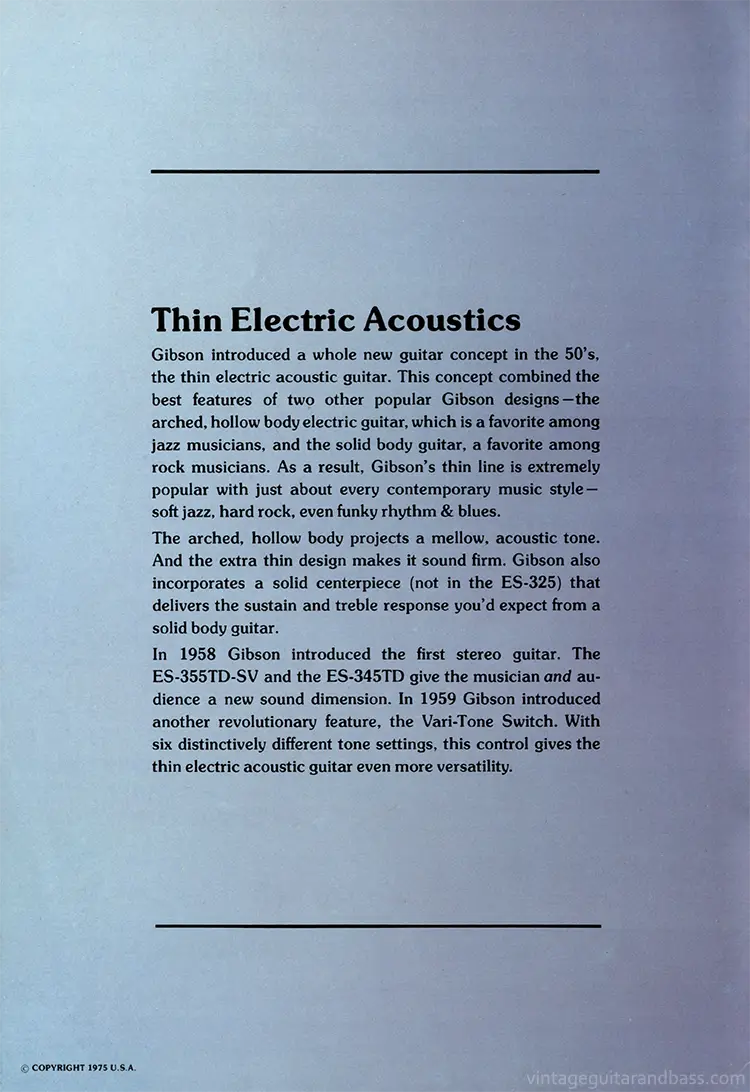 1975 Gibson thinline guitar catalog, page 2