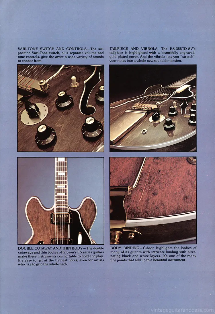 1975 Gibson thinline guitar catalog, page 3: Les Paul features