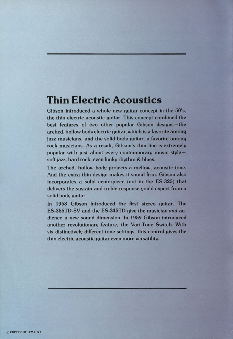 1975 Gibson thinline guitar catalog, page 2