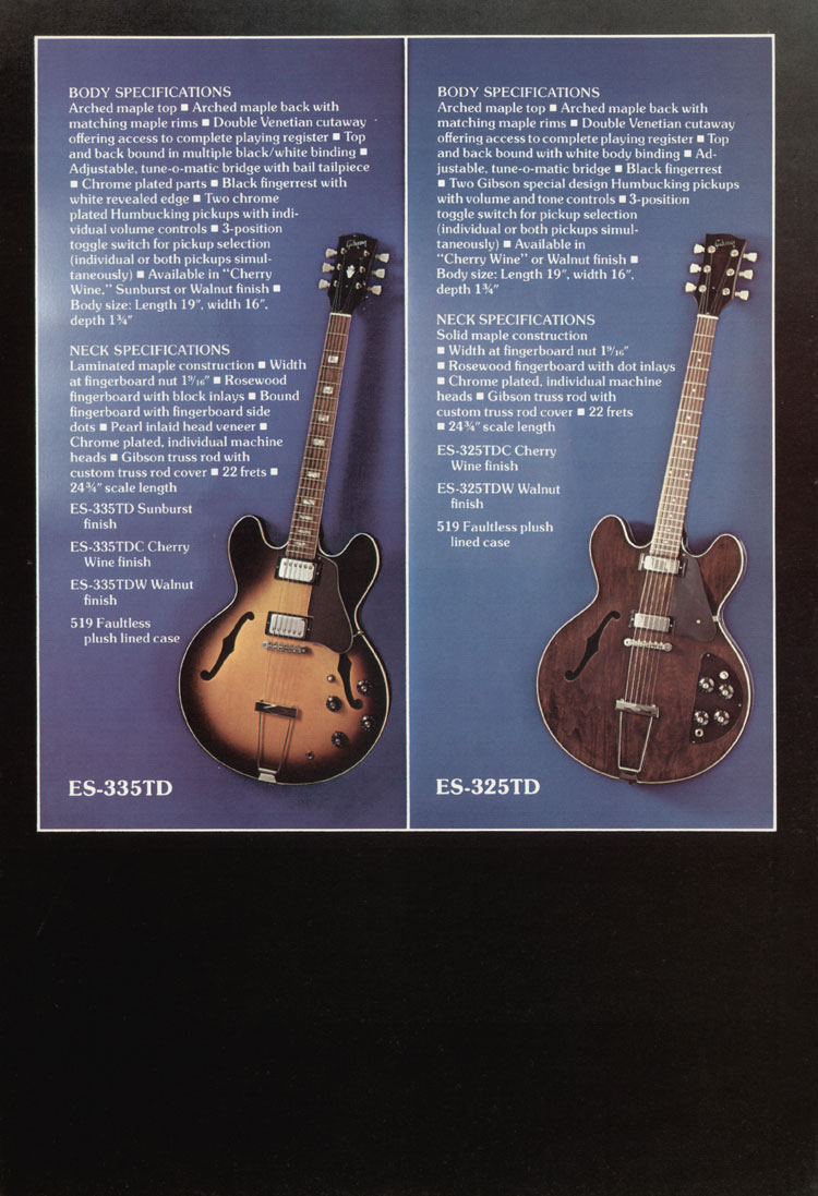 1975 Gibson thinline guitar catalog, page 7: ES-325TD and ES-335TD