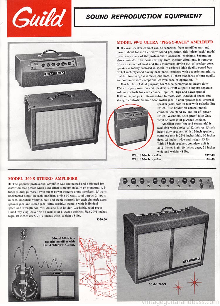 1963 Guild guitar catalog, page 10: Guild 200-S Stereo and 99-U guitar amplifiers