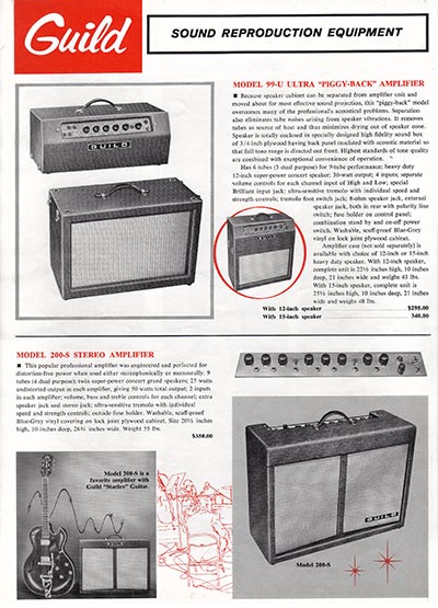 1963 Guild guitar catalog page 10 - Guild 200-S Stereo and 99-U guitar amplifiers