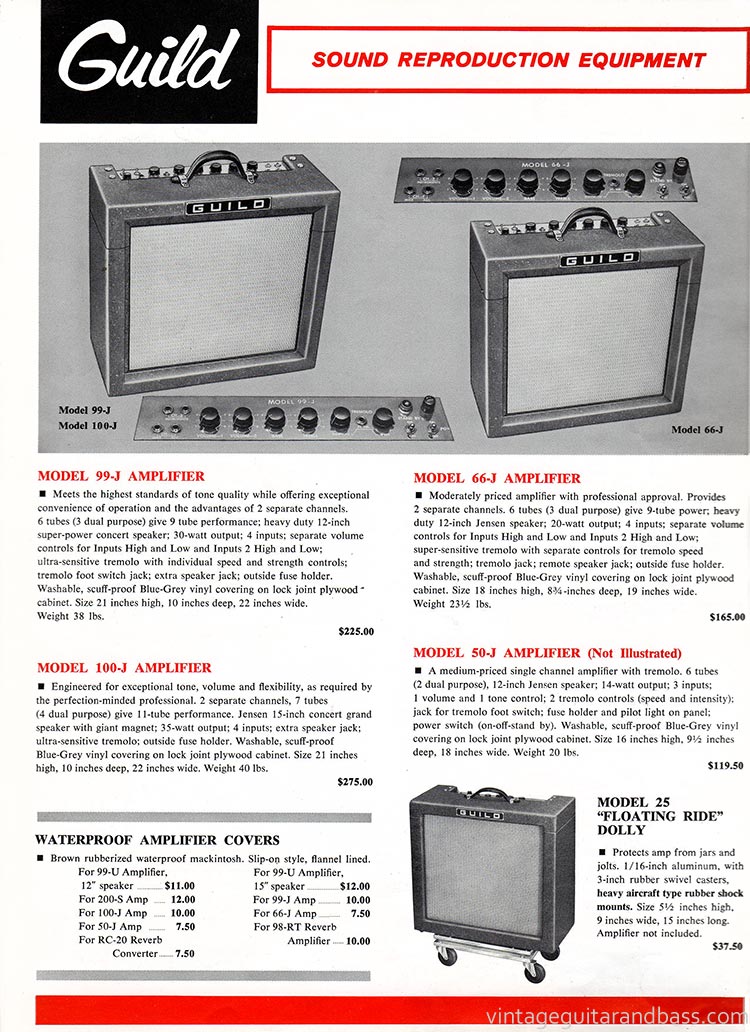 1963 Guild guitar catalog, page 11: Guild 50-J, 66-J, 99-J and 100-J guitar amplifiers