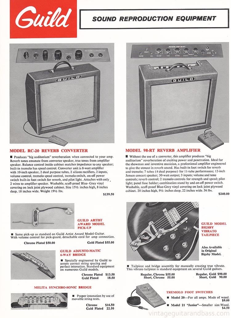 1963 Guild guitar catalog, page 12: Guild 98-RT amplifier and RC-20 Reverb Converter