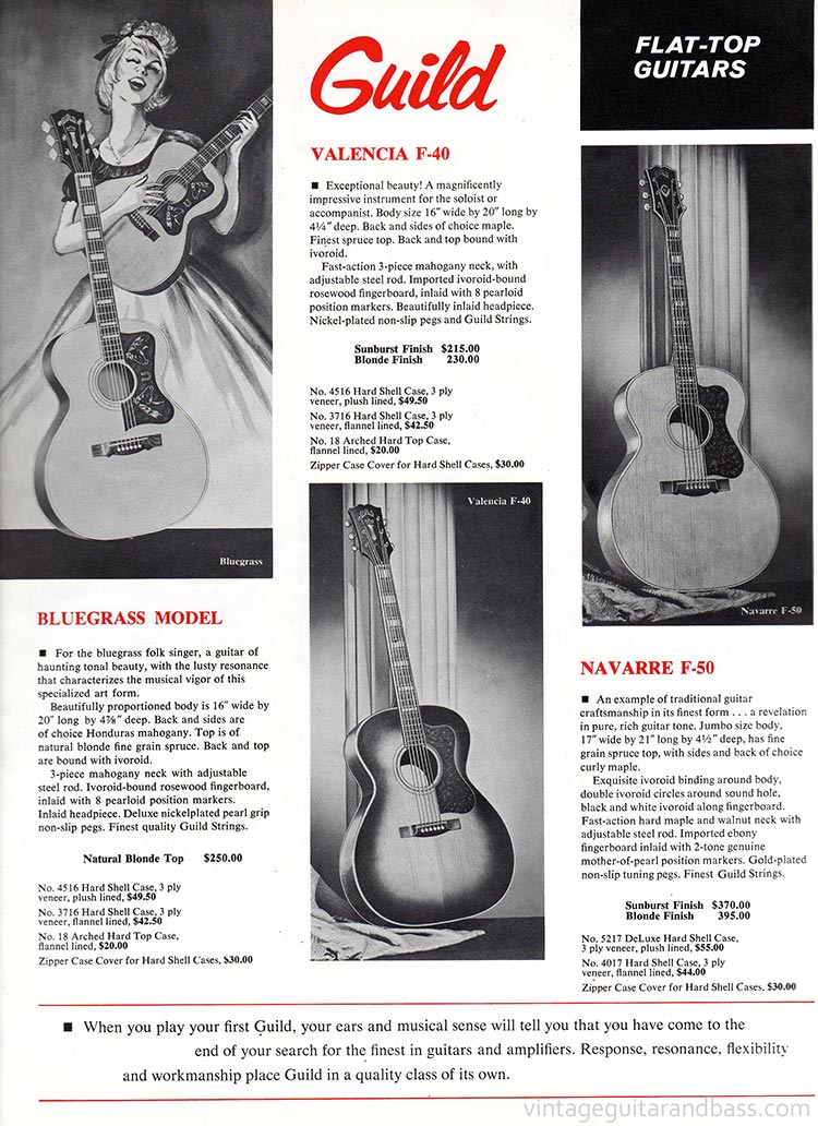 1963 Guild guitar catalog, page 13: Guild Bluegrass, Valencia F-40 and Navarre F-50 flat top acoustics