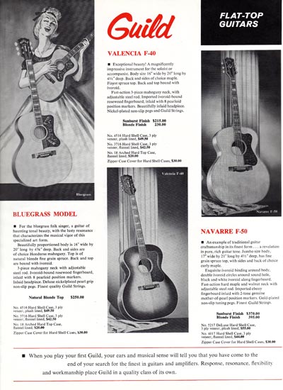 1963 Guild guitar catalog page 13 - Guild Bluegrass, Valencia F-40 and Navarre F-50 flat top acoustics