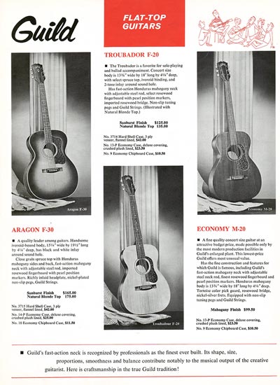 1963 Guild guitar catalog page 14 -Guild F-20 Troubadour, F-30 Aragon and Economy M-20 flat top acoustics