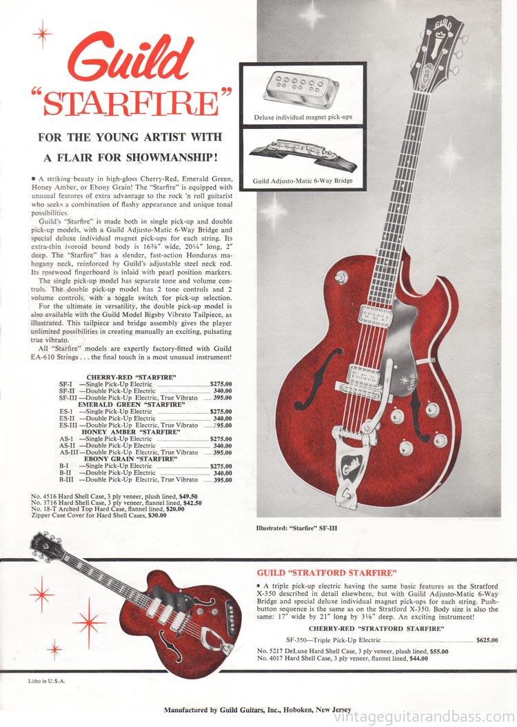 1963 Guild guitar catalog, page 16 - Guild Starfire I, Starfire II, Starfire III and Stratford Starfire