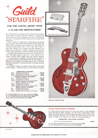 1963 Guild guitar catalog page 16 - Guild Starfire I, Starfire II, Starfire III and Stratford Starfire