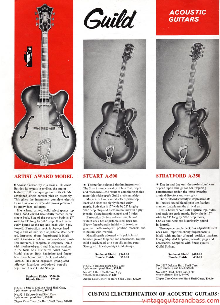 1963 Guild guitar catalog, page 2 - Guild Artist Award, Stuart A-500, Stratford A-350