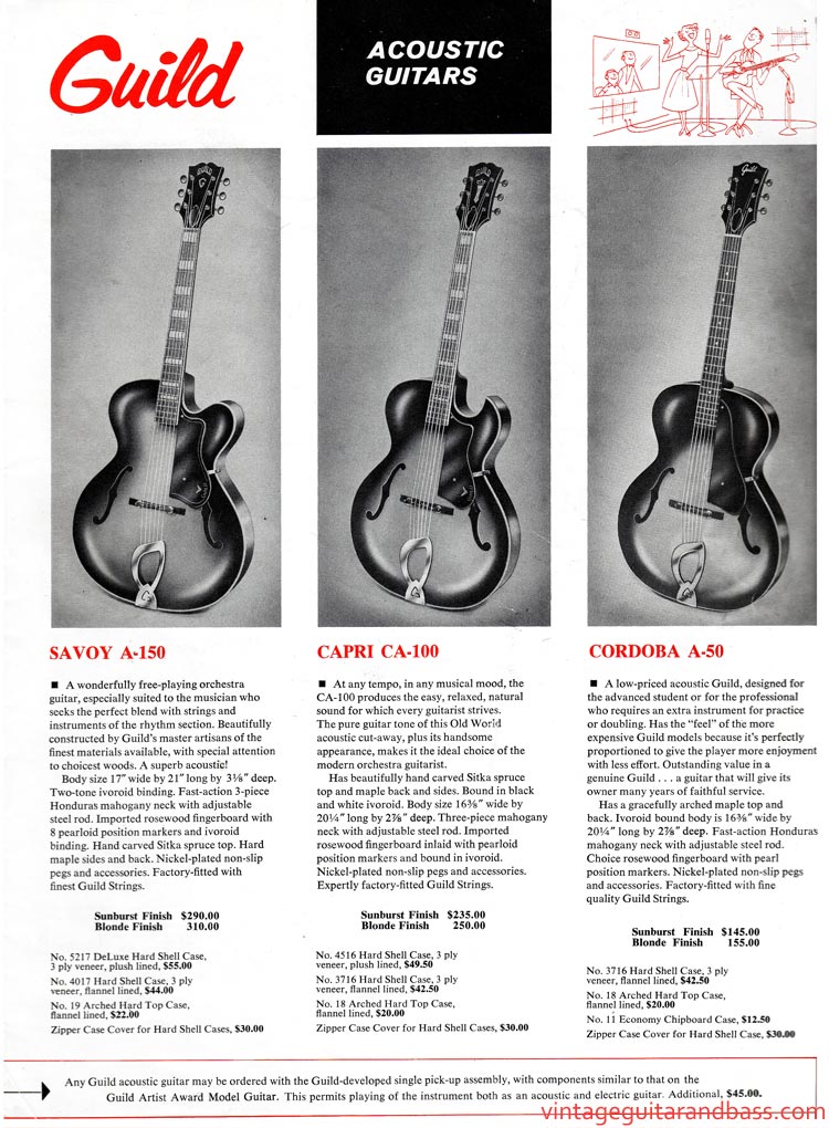 1963 Guild guitar catalog, page 3: Guild A-50 Cordoba, CA-100 Capri and A-150 Savoy arch top acoustics