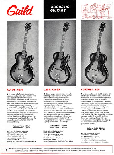 1963 Guild guitar catalog page 3 - Guild A-50 Cordoba, CA-100 Capri and A-150 Savoy arch top acoustics