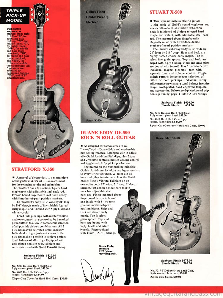 1963 Guild guitar catalog, page 4: Guild X-500 Stuart, DE-500 Duane Eddy and X-350 Stratford archtop electric acoustics