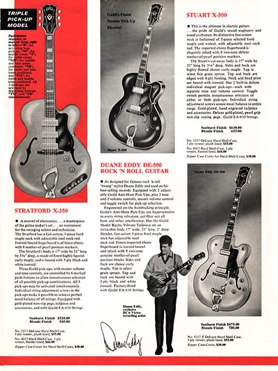 1963 Guild guitar catalog page 4 - Guild X-500 Stuart, DE-500 Duane Eddy and X-350 Stratford