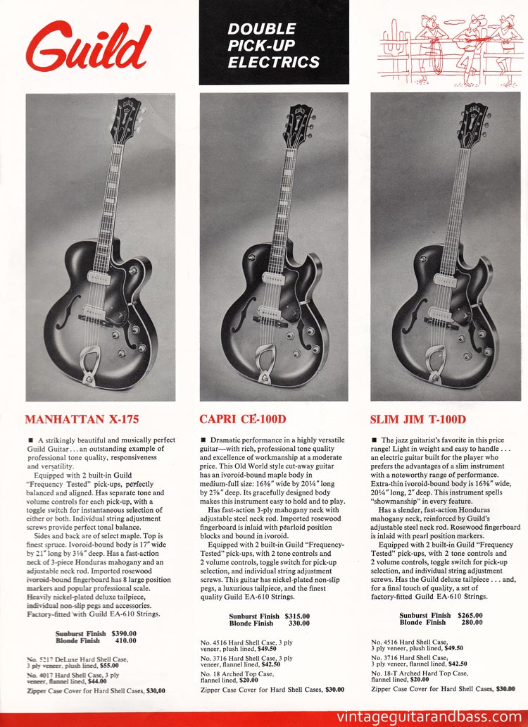 1963 Guild guitar catalog, page 5: Guild Manhattan X-175, Capri CE-100D, Slim Jim T-100D