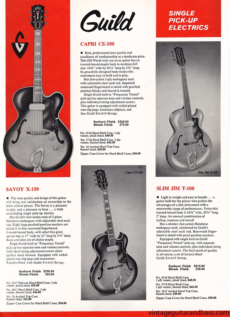 1963 Guild guitar catalog, page 6: Guild Savoy X-150, Capri CE-100, Slim Jim T-100