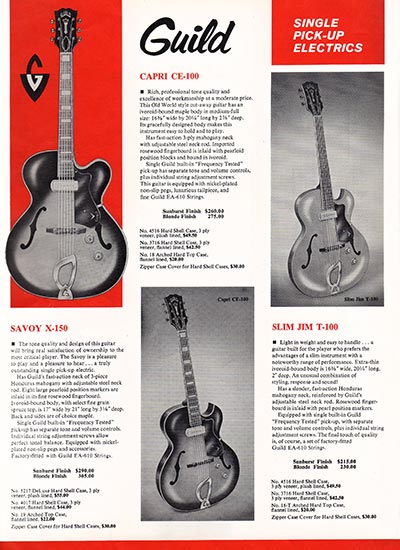 1963 Guild guitar catalog page 6 - Guild Savoy X-150, Capri CE-100, Slim Jim T-100