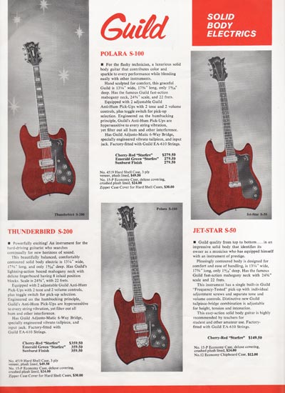 1963 Guild guitar catalog page 8 - Guild Thunderbird S-200, Polara S-100, and Jet-Star S-50