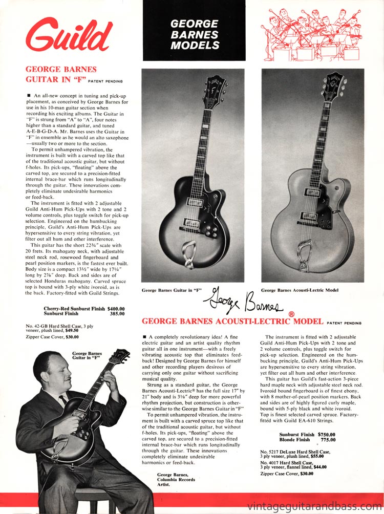 1963 Guild guitar catalog, page 9: Guild George Barnes Guitar in "F" and George Barnes Acousti-Lectric model