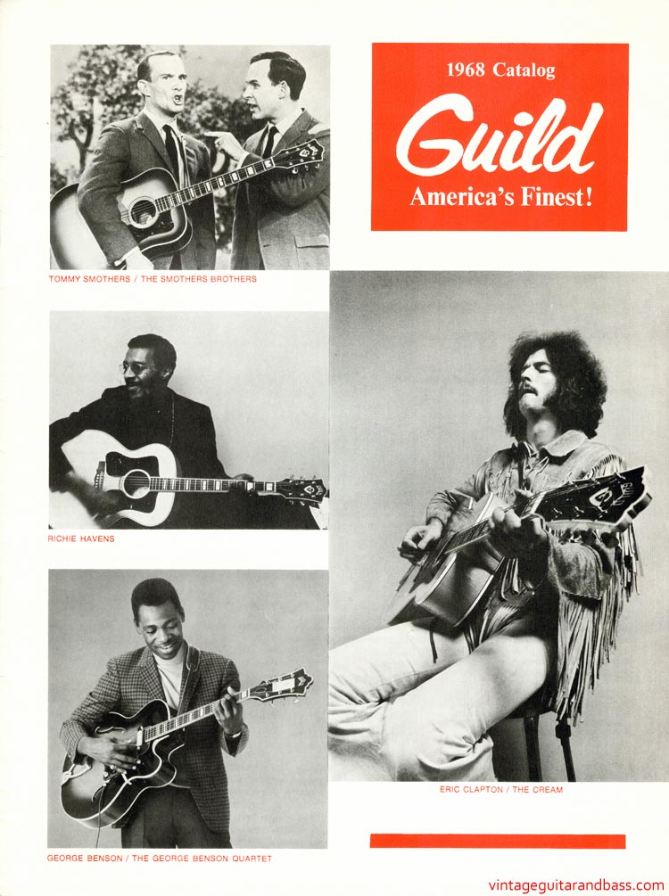 1968 Guild guitar catalog, front cover featuring Guild Artists: Tommy Smothers, Richie Havens, George Benson and Eric Clapton