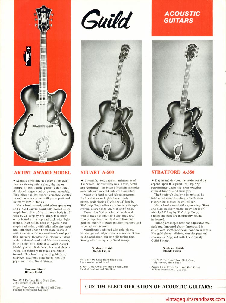 1968 Guild guitar catalog, page 10: Guild Artist Award, Stuart A-500, Stratford A-350