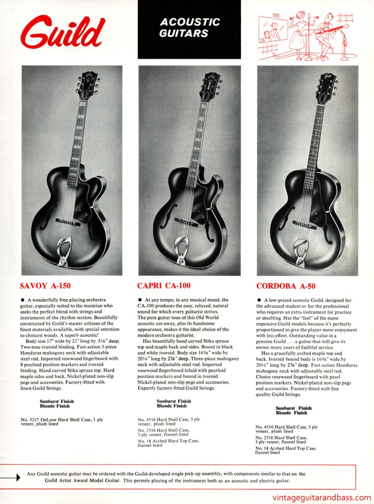 1968 Guild guitar catalog, page 11: Guild A-50 Cordoba, CA-100 Capri and A-150 Savoy arch top acoustics